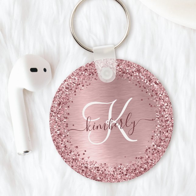 Blush Pink Brushed Metal Glitter Monogram Name Keychain (Creator Uploaded)