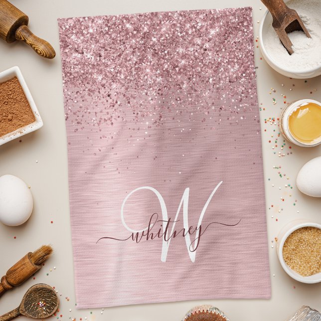 Blush Pink Brushed Metal Glitter Monogram Name Kitchen Towel (Creator Uploaded)