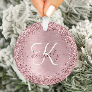 Blush Pink Brushed Metal Glitter Monogram Name Ornament