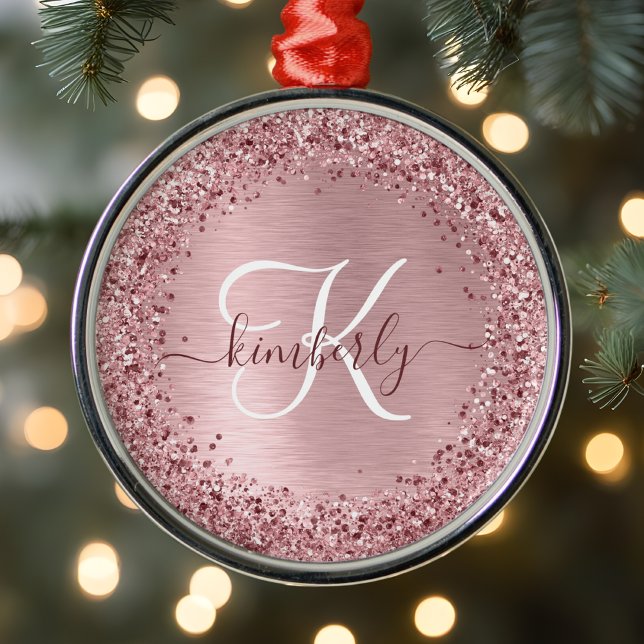 Blush Pink Brushed Metal Glitter Monogram Name Ornament (Creator Uploaded)