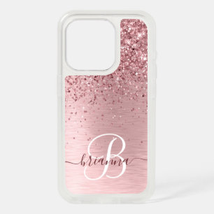 Blush Pink Brushed Metal Glitter Monogram Name iPhone 15 Pro Case