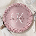 Blush Pink Brushed Metal Glitter Monogram Name Paper Plate<br><div class="desc">Easily personalize this trendy chic paper plate design featuring pretty blush pink sparkling glitter on a blush pink brushed metallic background.</div>