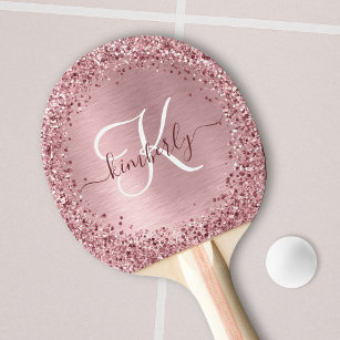 Blush Pink Brushed Metal Glitter Monogram Name Ping Pong Paddle