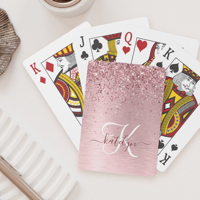 Blush Pink Brushed Metal Glitter Monogram Name Playing Cards (Creator Uploaded)