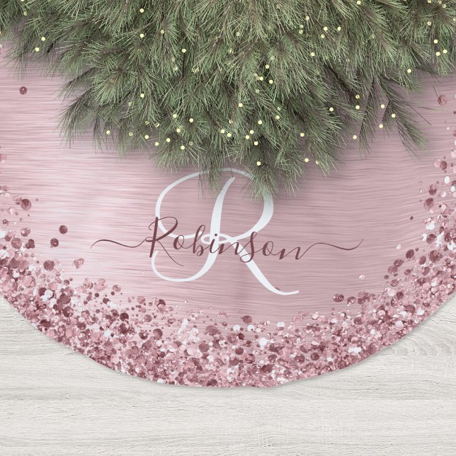 Blush Pink Brushed Metal Glitter Monogram Name Polyester Tree Skirt (Creator Uploaded)