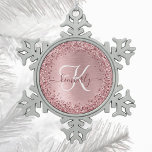 Blush Pink Brushed Metal Glitter Monogram Name Snowflake Pewter Christmas Ornament<br><div class="desc">Easily personalize this trendy chic snowflake framed Christmas ornament design featuring pretty silver sparkling faux glitter on a rose gold brushed metallic background.</div>
