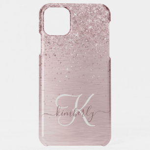 Blush Pink Brushed Metal Glitter Monogram Name iPhone 11 Pro Max Case