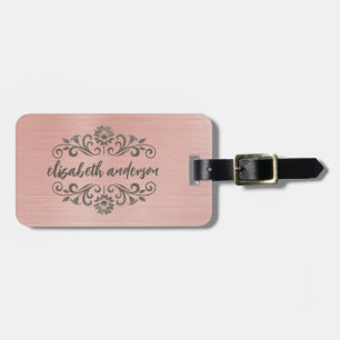 Blush Pink Brushed Metal Monogram Name Script Luggage Tag