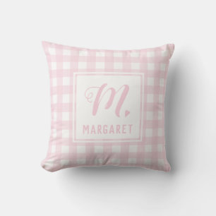 Blush Pink Buffalo Plaid Monogram Girls Name Throw Pillow
