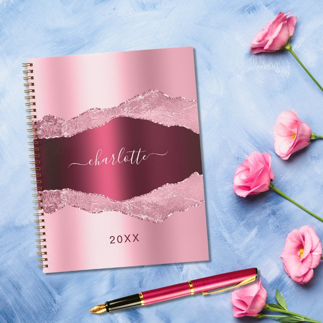 Blush pink burgundy agate marble name notebook (Creator Uploaded)
