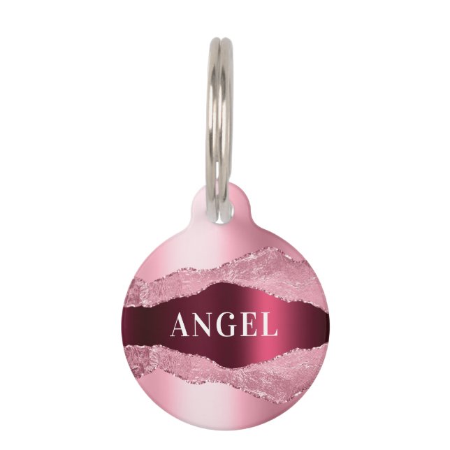 Blush pink burgundy agate marble name pet tag (Front)