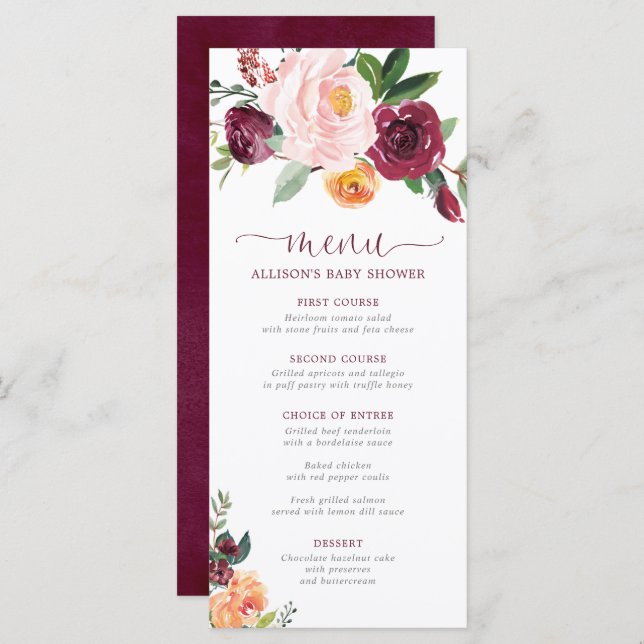Blush pink burgundy fall floral shower menu (Front/Back)