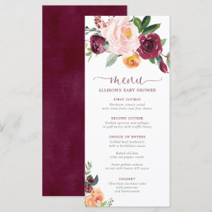 Blush pink burgundy fall floral shower menu