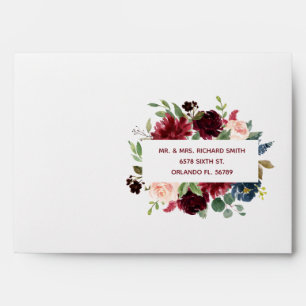 Blush Pink Burgundy Floral Elegant Script Wedding  Envelope