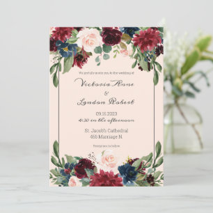 Blush Pink Burgundy Floral Elegant Script Wedding Invitation