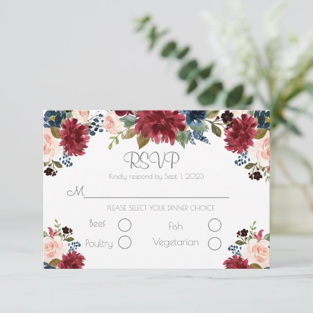 Blush Pink Burgundy Floral Elegant Script Wedding RSVP Card (Standing Front)