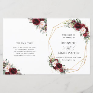 Blush Pink Burgundy Floral Folded Wedding Program 