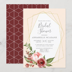 Blush Pink Burgundy Floral Geometric Bridal Shower Invitation