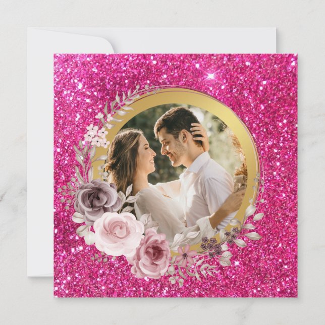 Blush Pink & Burgundy Floral Gold Greenery Wedding Holiday Card (Front)