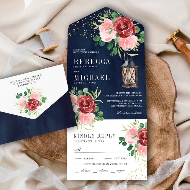 Blush Pink Burgundy Floral Lantern Navy Wedding All In One Invitation (Creator Uploaded)