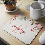 Blush Pink Burgundy Floral Script Monogram  Mouse Pad<br><div class="desc">This elegant personalized mouse pad features a monogram and first name in modern pink and burgundy script. A watercolor arrangement of blush pink and burgundy flowers and greenery adorns the top border.</div>