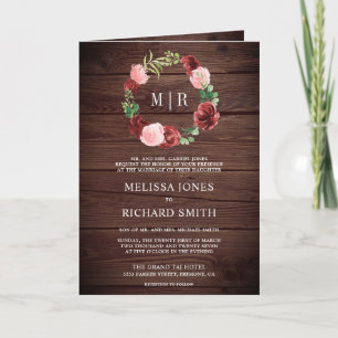 Blush Pink Burgundy Floral Wood QR Code Wedding Invitation