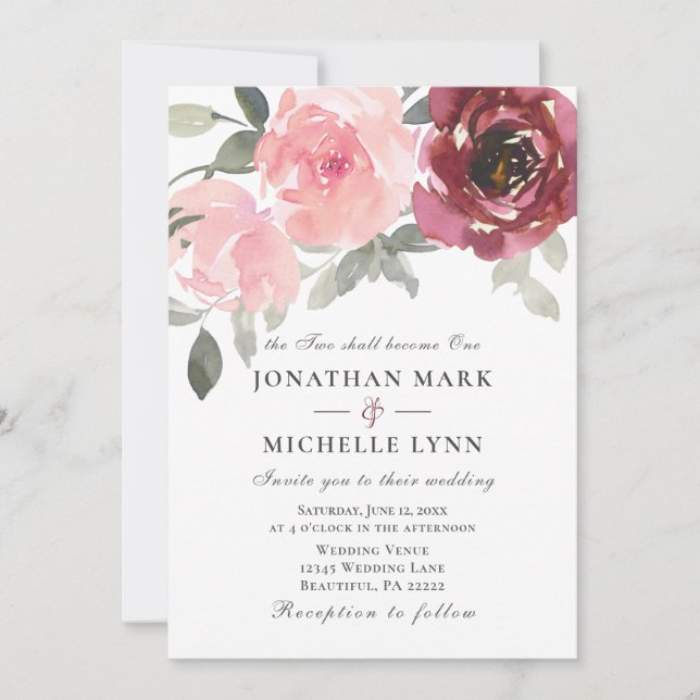 Blush Pink Burgundy Flowers Christian Wedding Invitation (Front)
