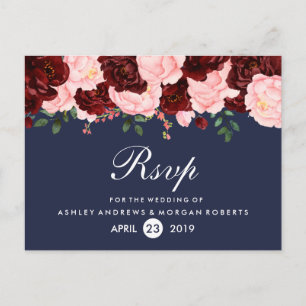 Blush Pink Burgundy Flowers Navy Blue Wedding RSVP Invitation Postcard