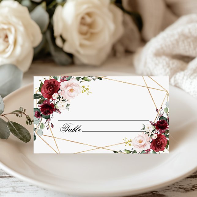 Blush Pink & Burgundy Flowers Wedding  Place Card (Creator Uploaded)