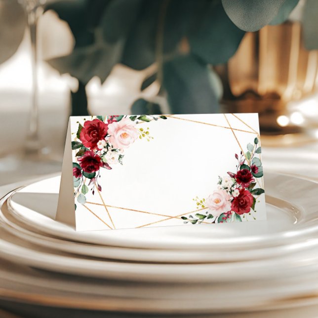 Blush Pink & Burgundy Flowers Wedding Place Card (Creator Uploaded)