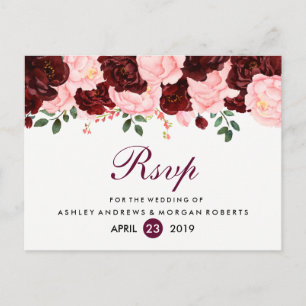 Blush Pink Burgundy Flowers Wedding RSVP Invitation Postcard