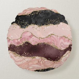 Blush Pink Burgundy Gold Black Glitter Round Pillow