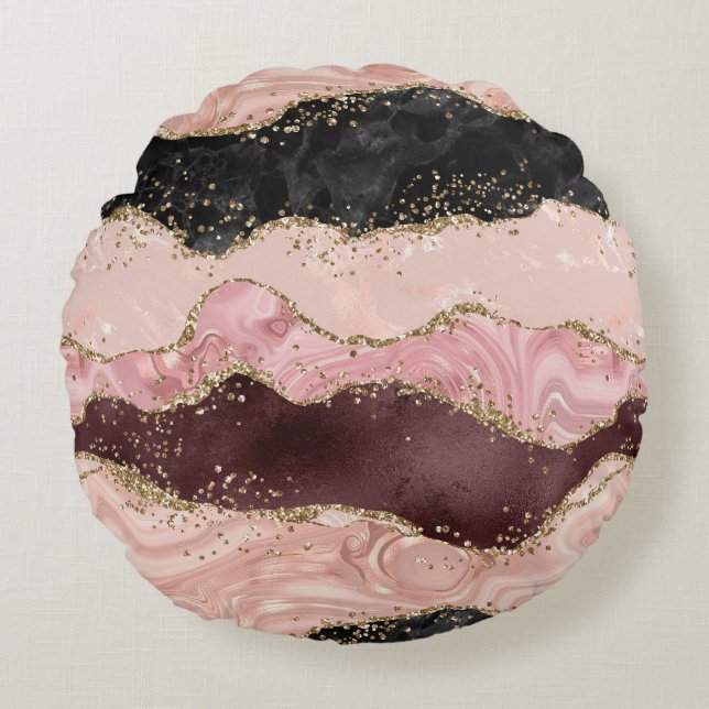 Blush Pink Burgundy Gold Black Glitter Round Pillow (Front)