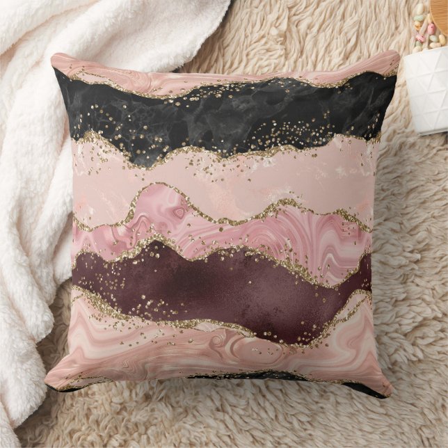 Blush Pink Burgundy Gold Black Glitter Throw Pillow (Blanket)