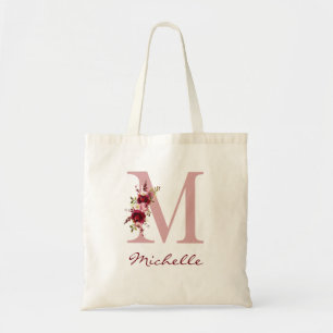 Blush Pink Burgundy Letter M Floral Tote Bag