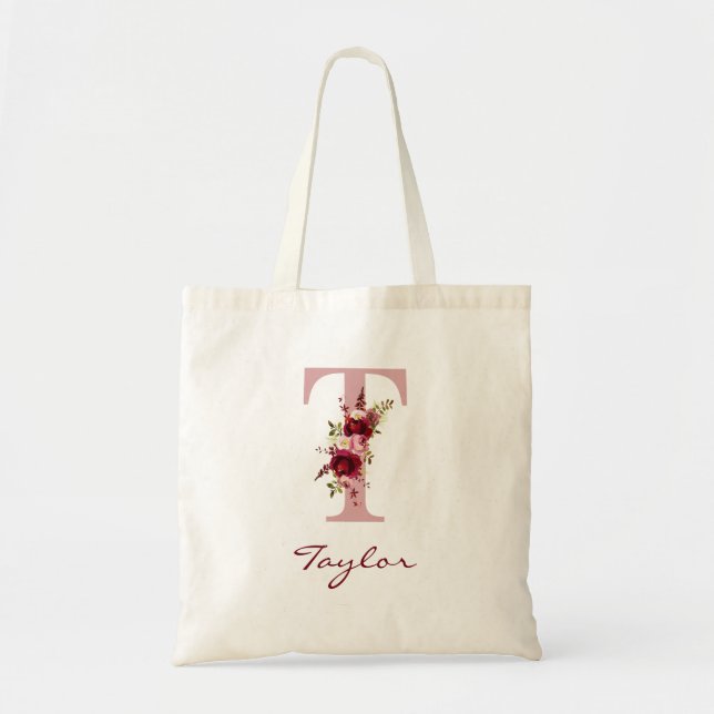Blush Pink Burgundy Letter T Floral Tote Bag (Front)