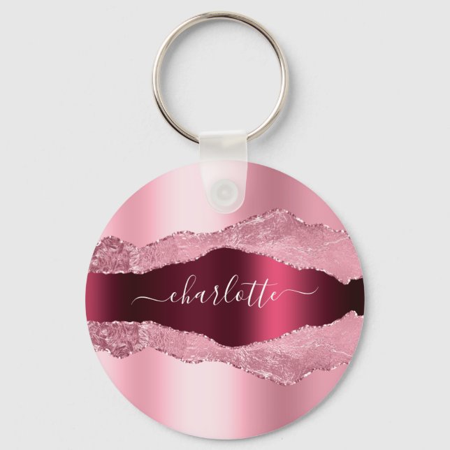Blush pink burgundy metal agate marble name keychain (Front)