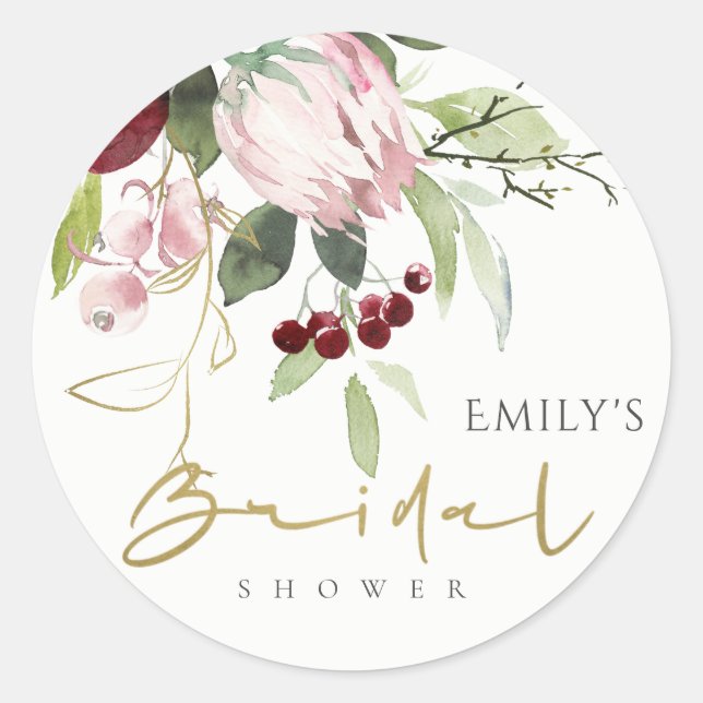 BLUSH PINK BURGUNDY PROTEA FLORAL BRIDAL SHOWER CLASSIC ROUND STICKER (Front)