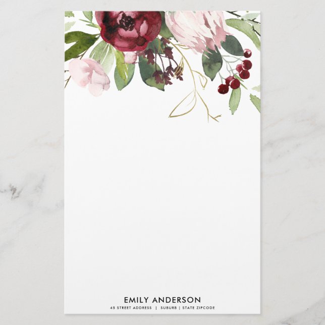 BLUSH PINK BURGUNDY PROTEA FLORAL WATERCOLOR STATIONERY (Front)