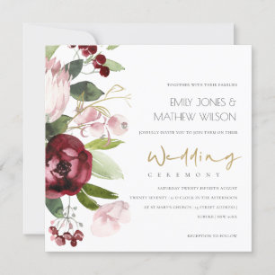 BLUSH PINK BURGUNDY PROTEA PEONY FLORAL WEDDING INVITATION