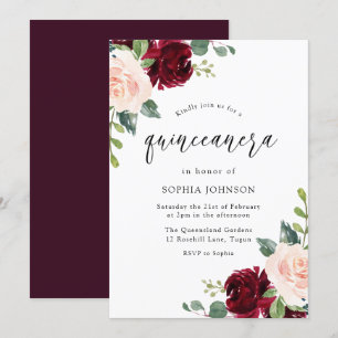 Blush Pink Burgundy Red Floral Quinceanera Party Invitation