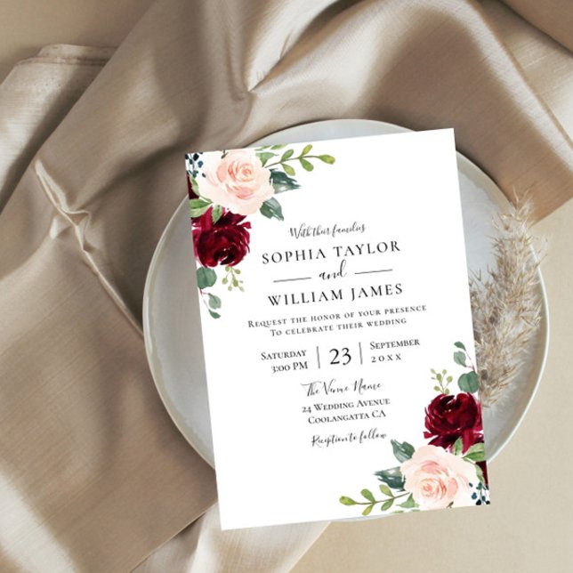 Blush Pink & Burgundy Red Floral Wedding Invitation (Creator Uploaded)