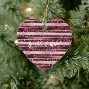 Blush Pink Burgundy Red Rose Glitter Stripes Ceramic Ornament