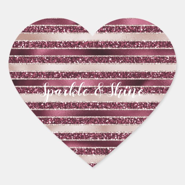 Blush Pink Burgundy Red Rose Glitter Stripes     Heart Sticker (Front)