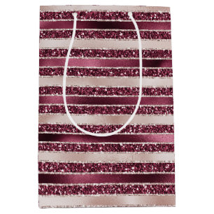 Blush Pink Burgundy Red Rose Glitter Stripes       Medium Gift Bag