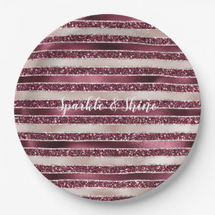 Blush Pink Burgundy Red Rose Glitter Stripes      Paper Plate