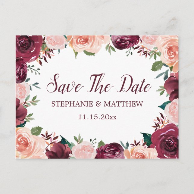 Blush Pink Burgundy Rose Border Save The Date Announcement Postcard (Front)