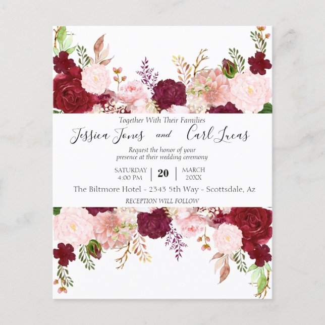 Blush Pink Burgundy Watercolor Floral Budget (Front)