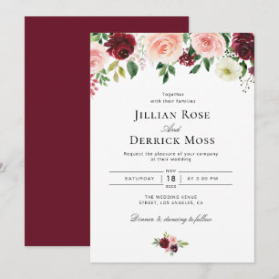 blush pink burgundy watercolor flowers wedding invitation