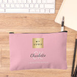 Blush pink business logo name monogram accessory pouch<br><div class="desc">A blush pink background,  grey and white text. Personalize and add your business logo,  first name,  monogram initials and full name.</div>